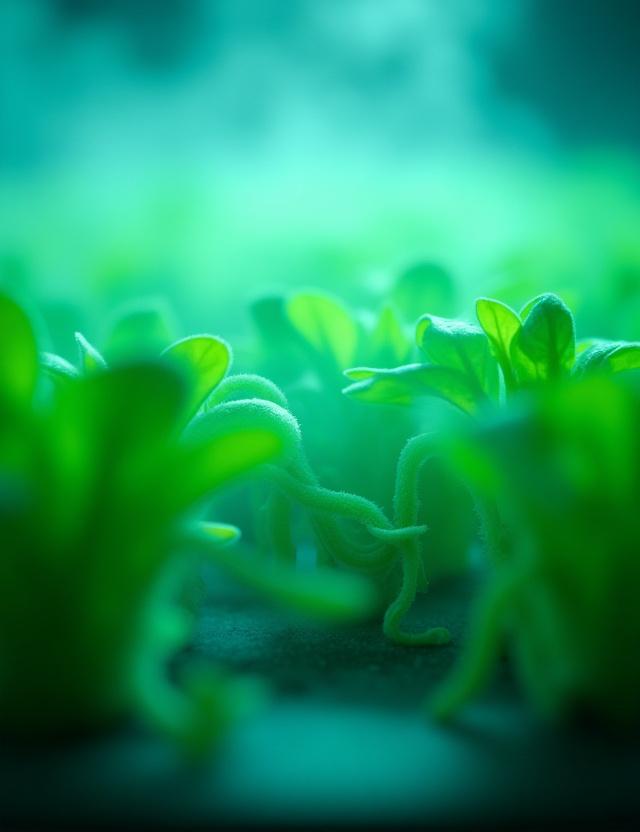 Close up of an aeroponic system misting herb roots in a high-tech lab setting