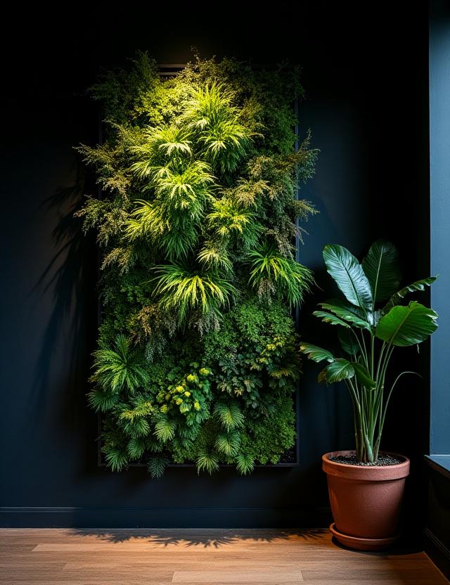 Lush vertical garden against a dark architectural wall
