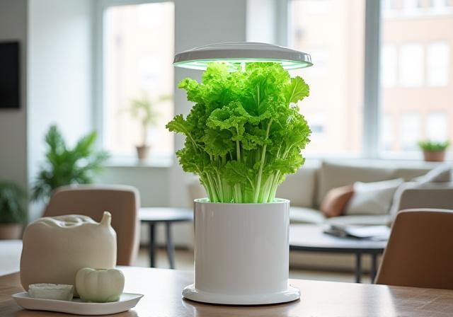 Vertical aeroponic tower growing lettuce in a bright urban apartment