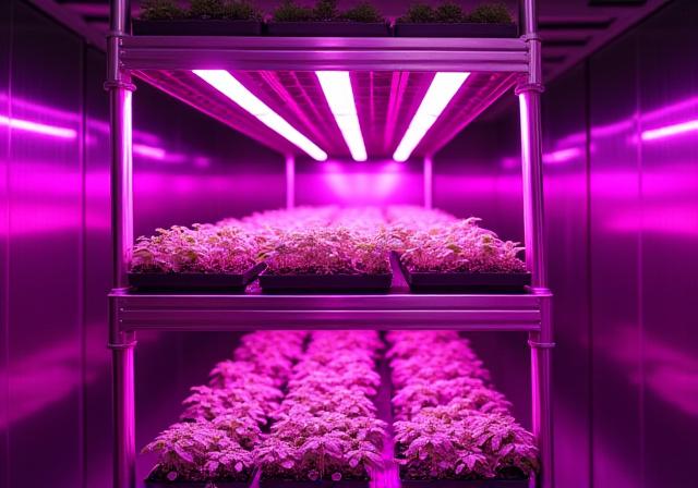 Multi-level stainless steel hydroponic rack with glowing LED grow lights