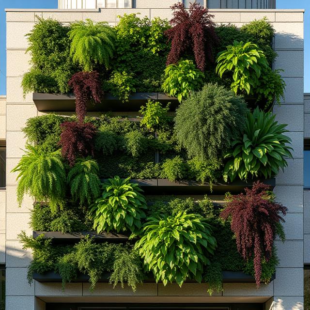 Macro shot of a lush modular green wall with diverse plant species on an exterior building facade